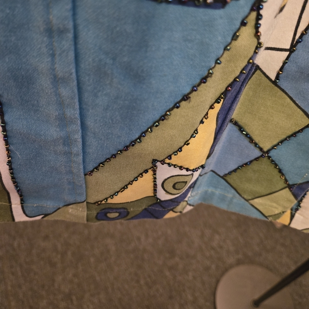Patchwork Blue and Green Beaded Jean Jacket. 20x25 - Picture 7 of 10